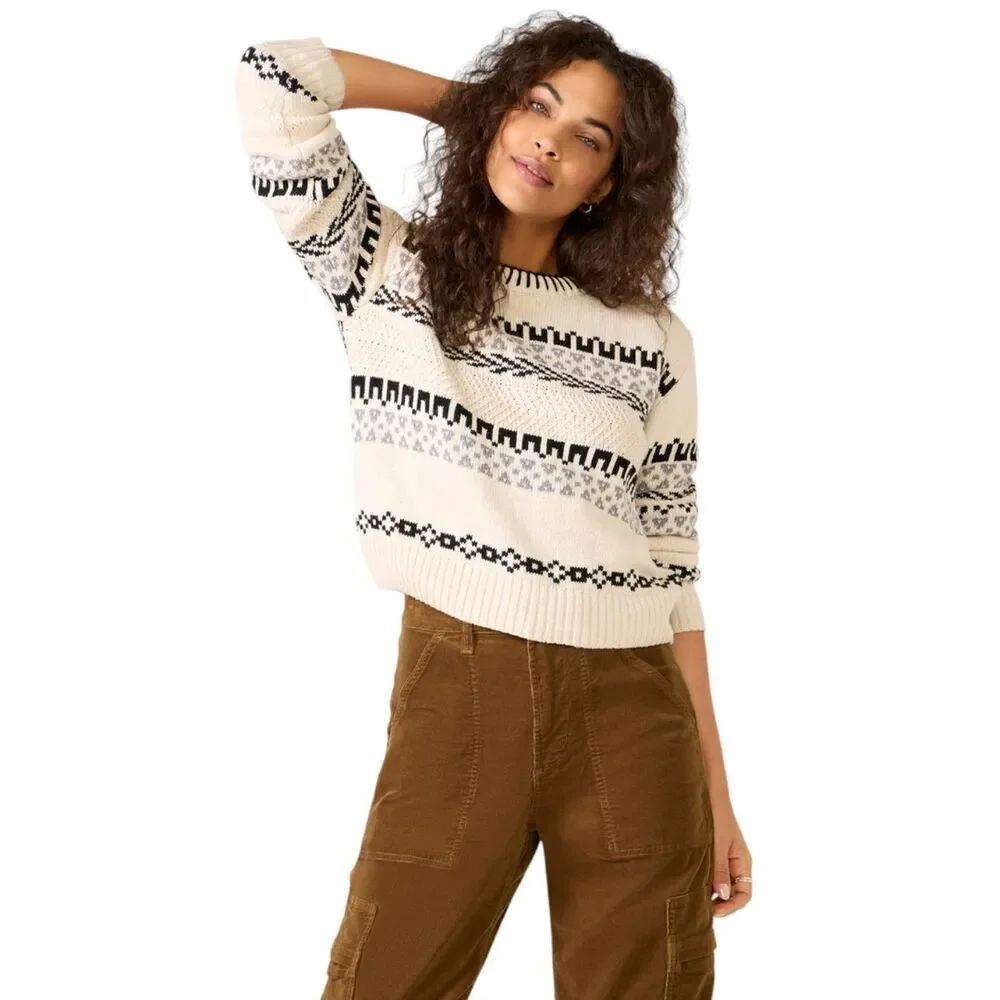 Z SUPPLY Perci Ski Sweater NWT Crystal Fair Isle Cotton Knit XS Cream & Black